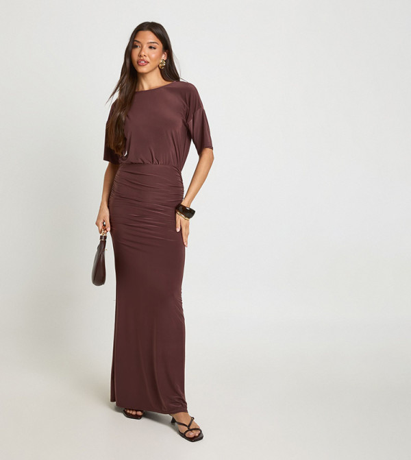 Super Soft Ruched Waist Flared Sleeves Maxi Dress