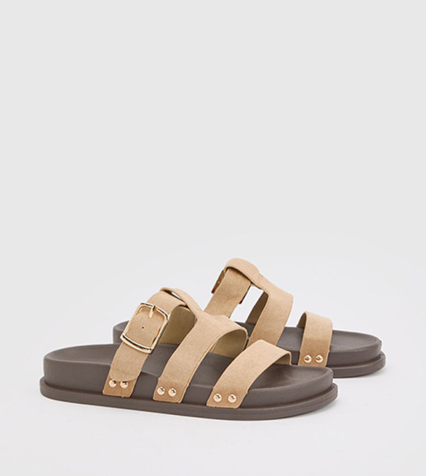 Faux Suede Buckle and Stud Detail Flat Sandals