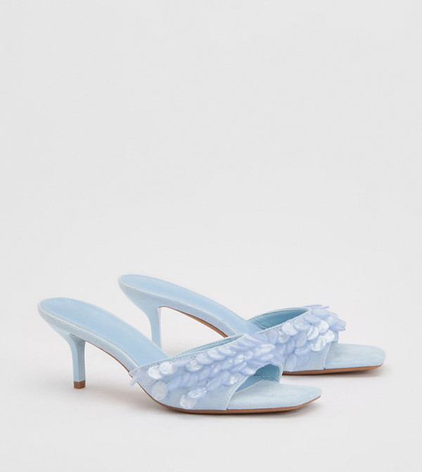 Faux Suede Shell Detail Heeled Sandals