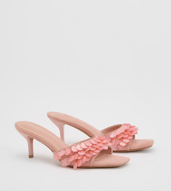 Faux Suede Shell Detail Heeled Sandals