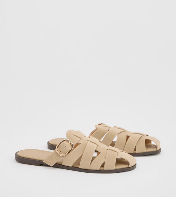 Faux Suede Buckle Detail Cut Out Flat Sandals
