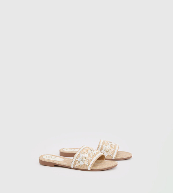 Contrast Raffia Beaded Flat Sandals