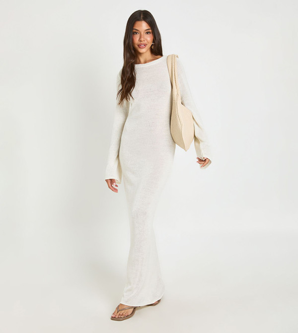 Slash Neck Long Sleeves Knitted Maxi Dress