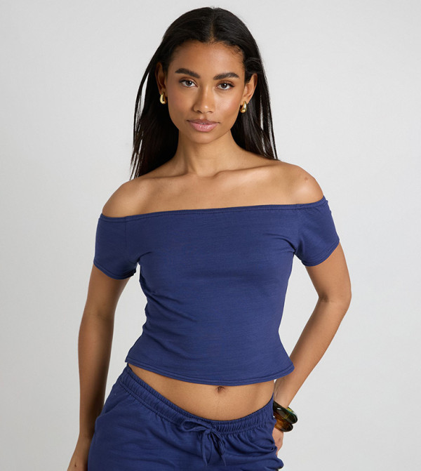 Slub Off Shoulder Short Sleeves Crop Top