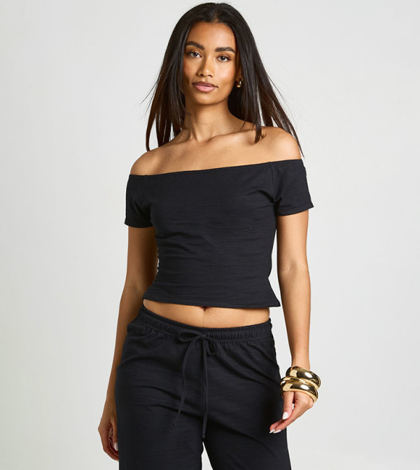 Slub Off Shoulder Short Sleeves Top