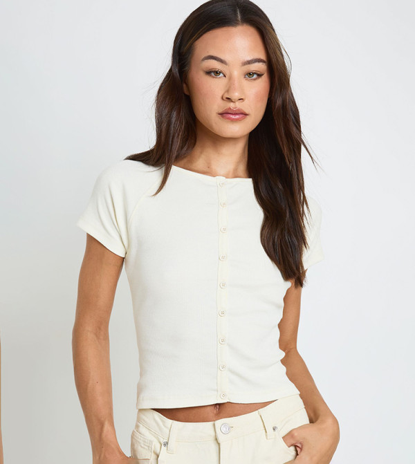 Tall Ribbed Button Through Cap Sleeves Crop Top
