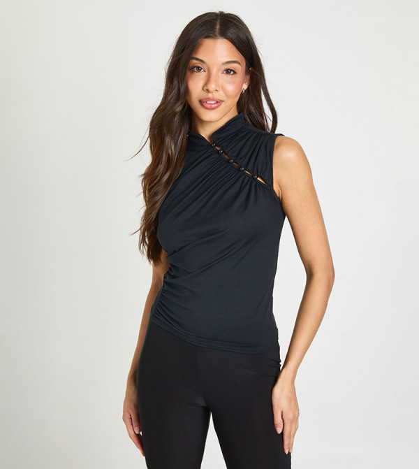 Ruched Sleeveless Asym Button Up Top