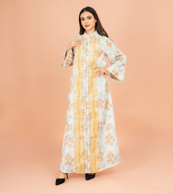 Floral Printed Stand Collar Jalabiya