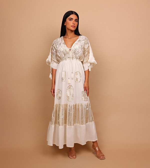 ELINA Embellished V-Neck Flutter Sleeves Tiered Maxi Dress