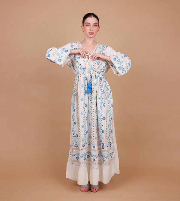 LINA Embroidered V-Neck Bell Sleeves Maxi Dress