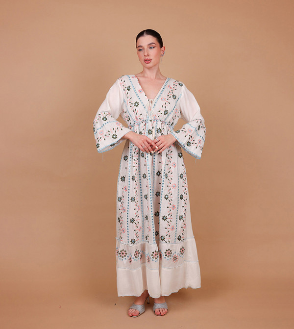 LINA Embroidered V-Neck Bell Sleeves Maxi Dress