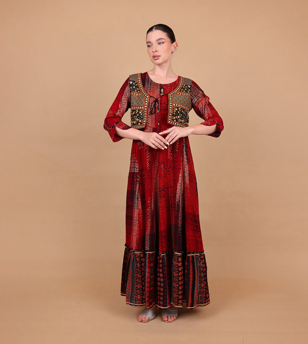 FARAH Printed Embroidered Coat Detail Maxi Dress