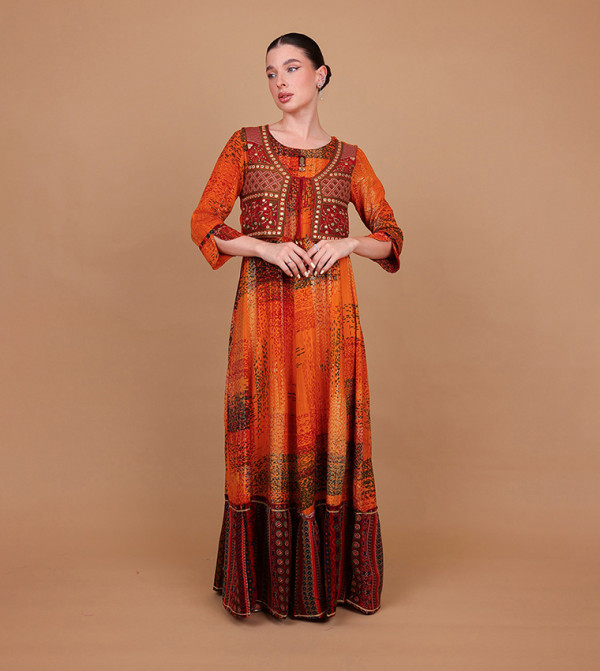 FARAH Printed Embroidered Coat Detail Maxi Dress