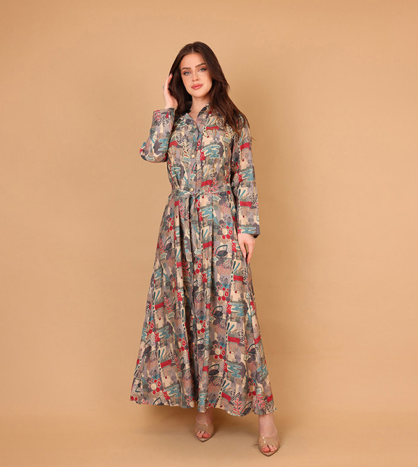 AYLA Abstract Print Embellished Collared Shirt Dress