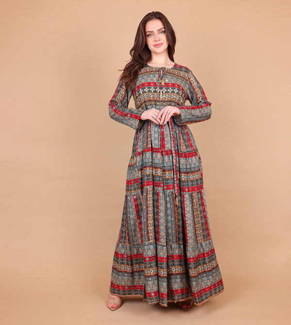 MARIAM Printed Embellished Detail Tiered Maxi Dress
