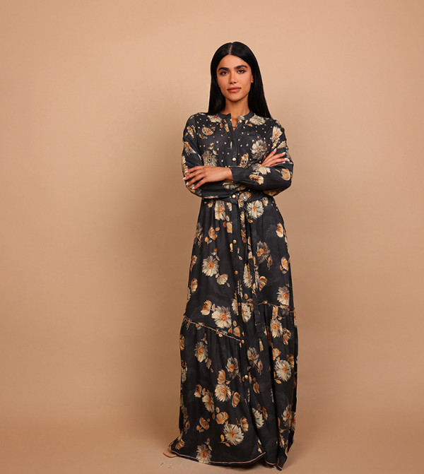 INAYA Floral Embellished Long Sleeves Tiered Maxi Dress