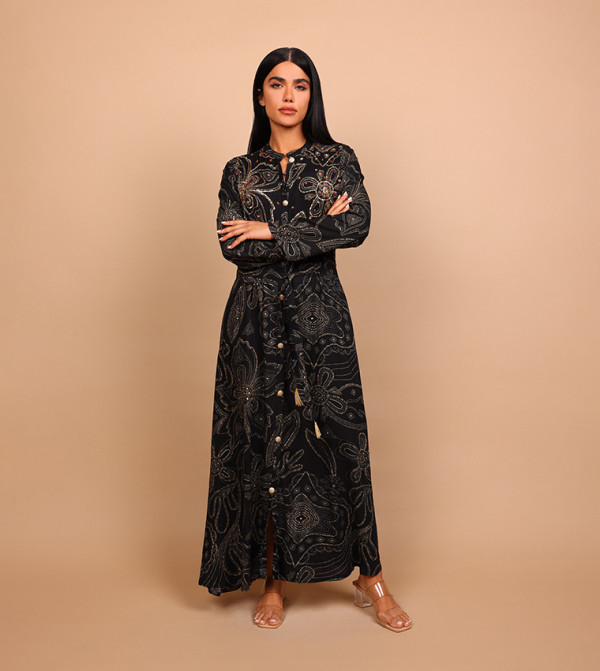 SAMIRA Printed Embellished Detail Maxi Shirt Dress