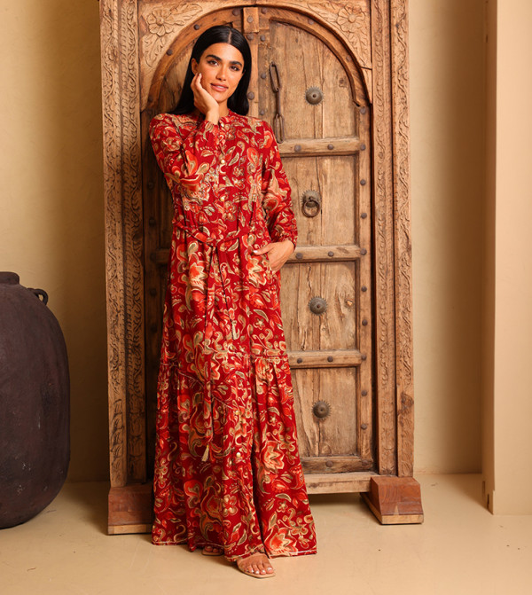 AZAR Paisley Print Long Sleeves Tiered Maxi Dress