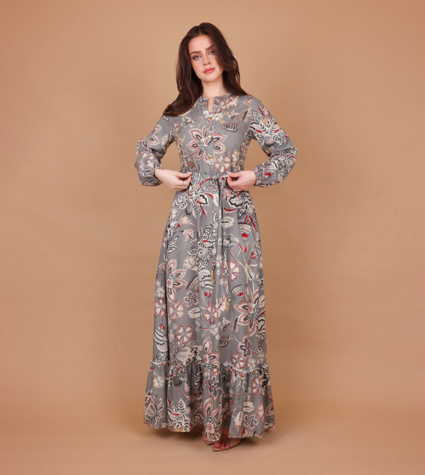 RANIA Floral Embellished Belted Long Sleeves Maxi Dress