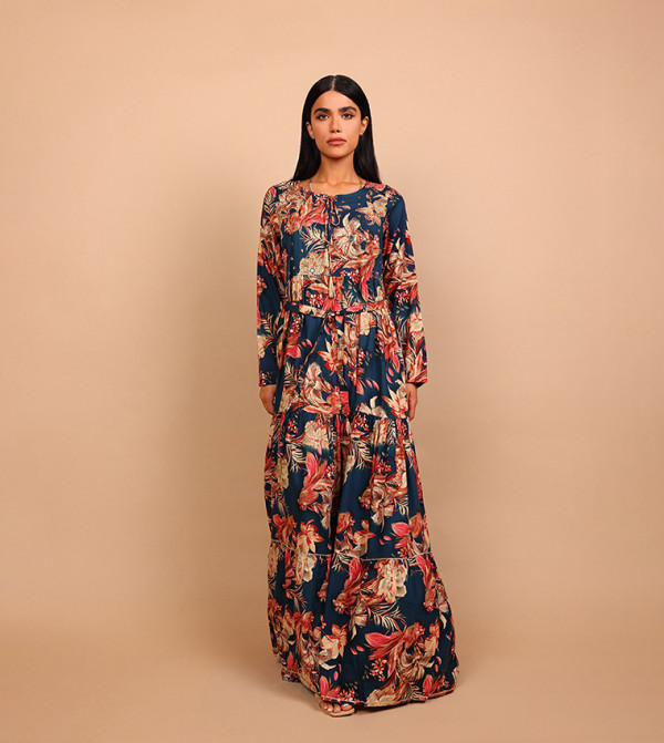 AMIRA Floral Embellished Tie-Up Neck Tiered Maxi Dress