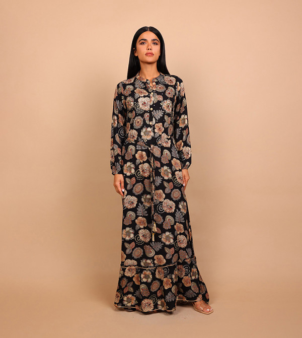 ALYA Floral Print Embellished Long Sleeves Maxi Dress