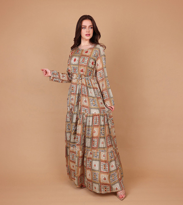 SORAYA Ethnic Print Long Sleeves Tiered Maxi Dress