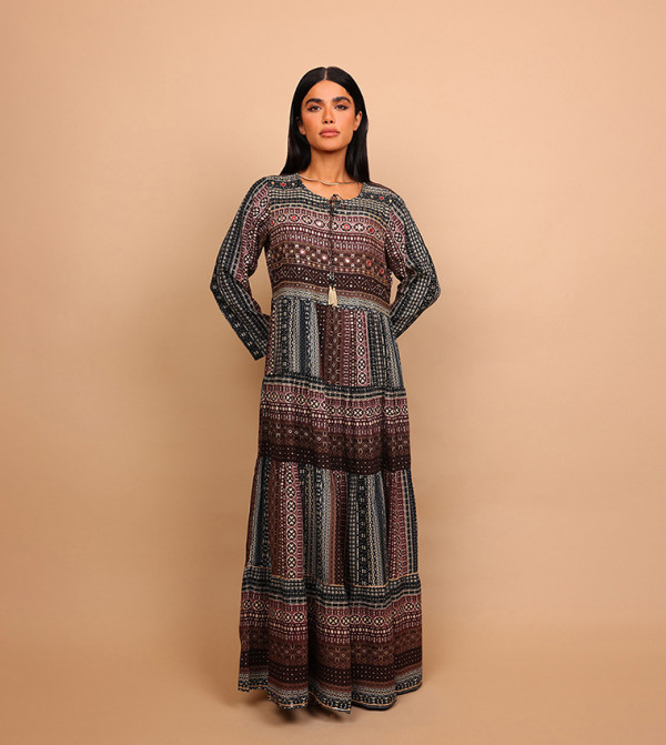 YASMIN Printed Embellished Detail Tie-Up Neck Tiered Maxi Dress