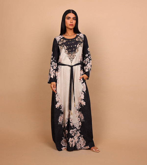 DELARA Floral Print Embellished Detail Long Sleeves Maxi Dress