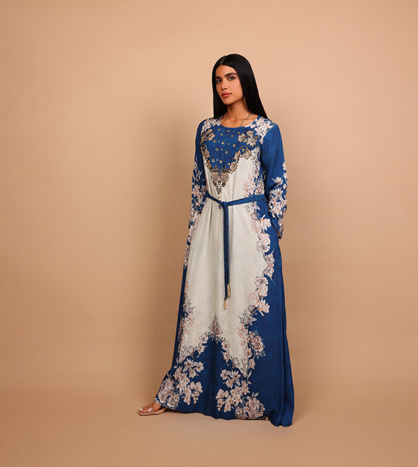 DELARA Floral Print Embellished Detail Long Sleeves Maxi Dress