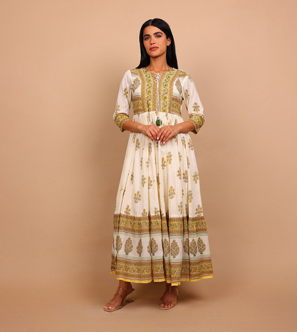 DARYA Printed Tie-Up Neck Fit and Flare Ethnic Maxi Dress
