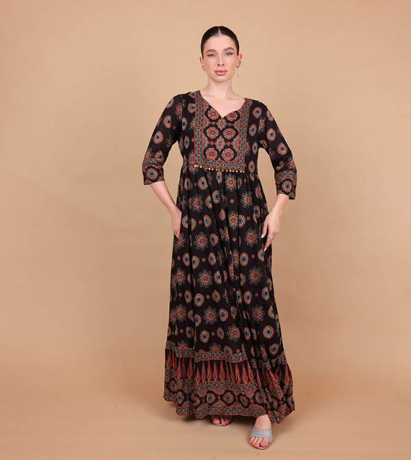 ILHAM Ajrakh Print 3/4 Sleeves Ethnic Maxi Dress