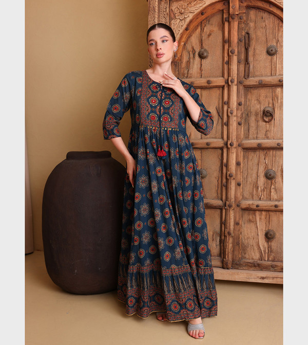 ILHAM Ajrakh Print 3/4 Sleeves Ethnic Maxi Dress
