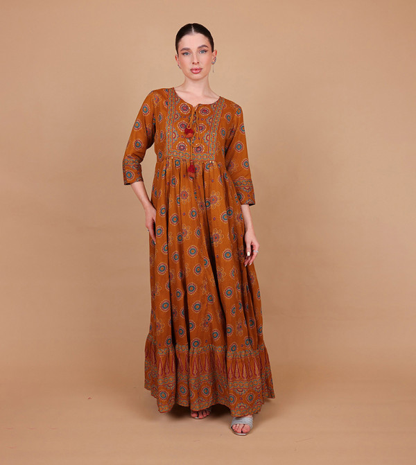 ILHAM Ajrakh Print 3/4 Sleeves Ethnic Maxi Dress