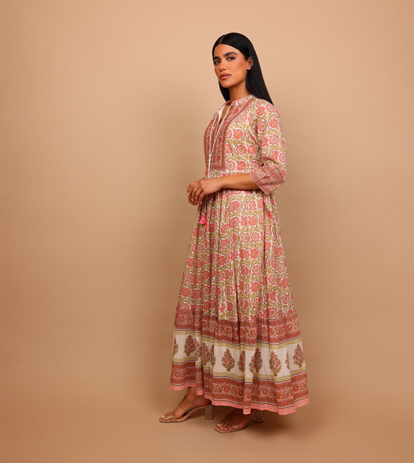 SHABNAM Printed Tie Neck Maxi Dress