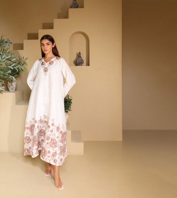 Floral Crystal Embellished Long Sleeves Jalabiya
