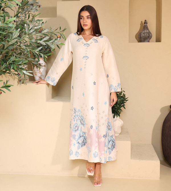 Floral Jacquard Linen Long Sleeves Jalabiya