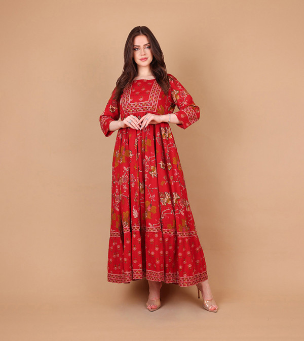 ALINA Printed 3/4 Sleeves Tiered Maxi Dress