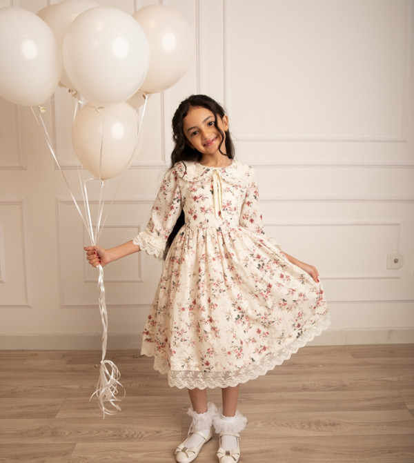 Floral Printed Lace Trim Flared Dress