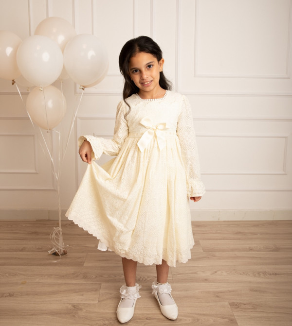 Embroidered Bow Detail Flared Dress