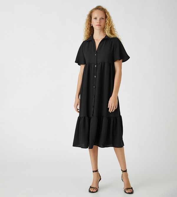 Solid Collared Tiered Dress