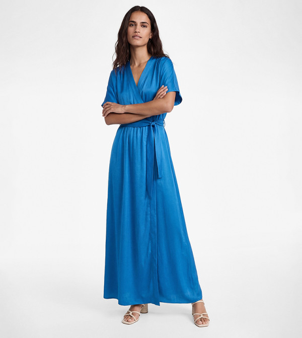 Tie Detail V-Neck Midi Satin Dress