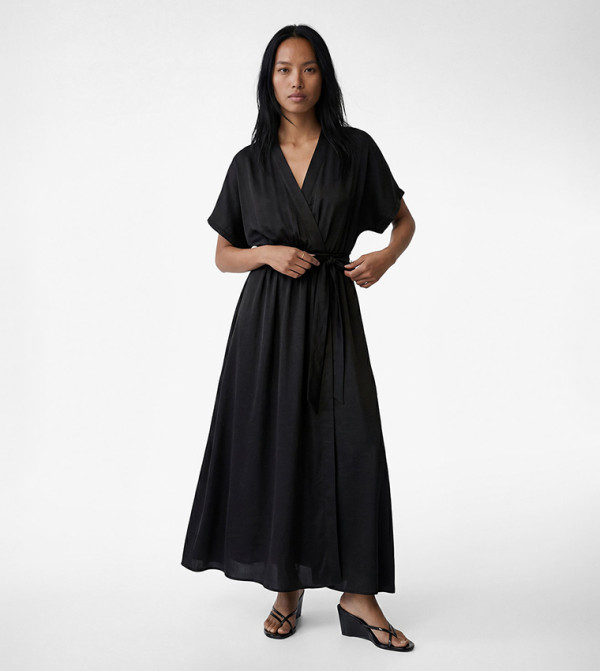 Tie Detail V-Neck Midi Satin Dress