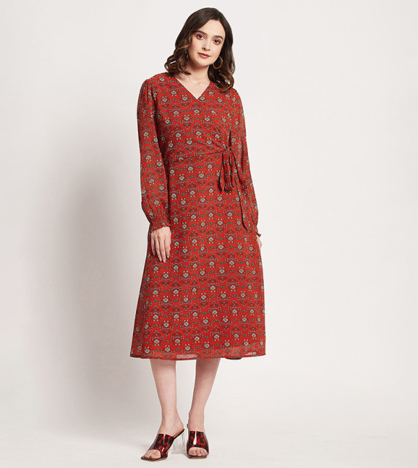 Printed V-Neck Midi Dress