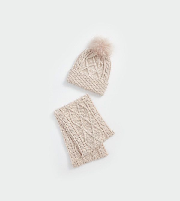 Cable Knit Pom-Pom Beanie and Scarf Set