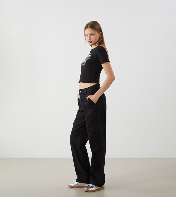 Solid Wide Leg Cargo Pants