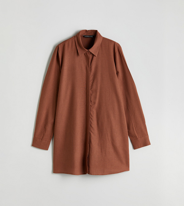 قميص تونيك بمزيج لينن وكم طويل 