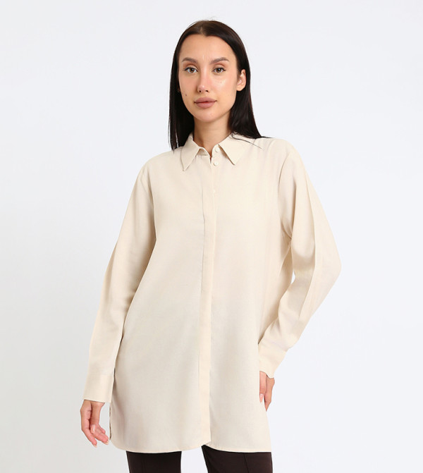 تونيك قميص بمزيج لينن سادة كم طويل  