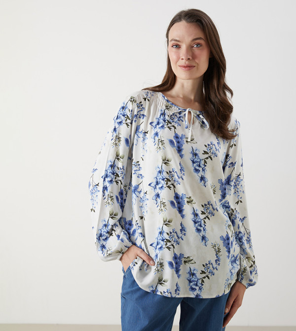 Floral Tie-Up Neck Long Sleeves Top