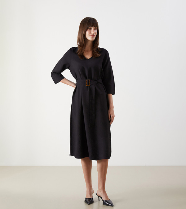 Solid Belted 3/4 Sleeves Midi Dress