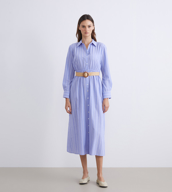 فستان قميص مخطط بحزام وكم طويل 